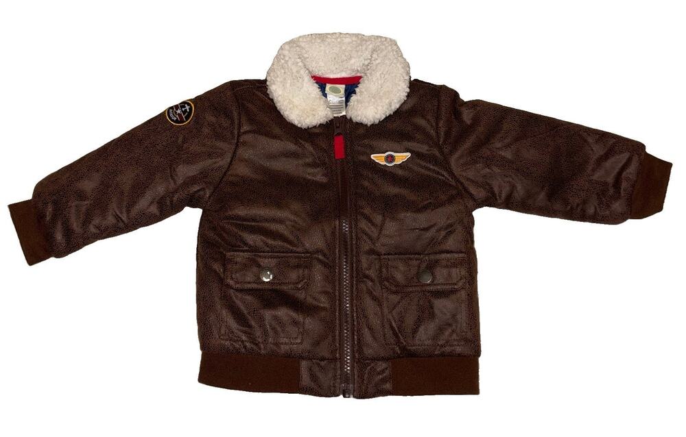 Little Me Baby Boy Brown Faux Leather Aviator Bomber Jacket Shearling Collar 18m